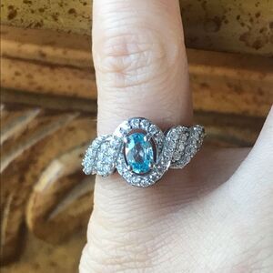 Natural Blue Zircon Moissanite Sterling Silver Ring Size 5